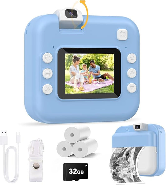 Kids Camera Instant Print - Digital Camera with Flip Lens, Birthday Gift for Boys Girls, Instant Print Photos for Toddlers HD Selfie 1080P Video, Portable Travel Toys for 4 5 6 7 8 9 10 Years Blue