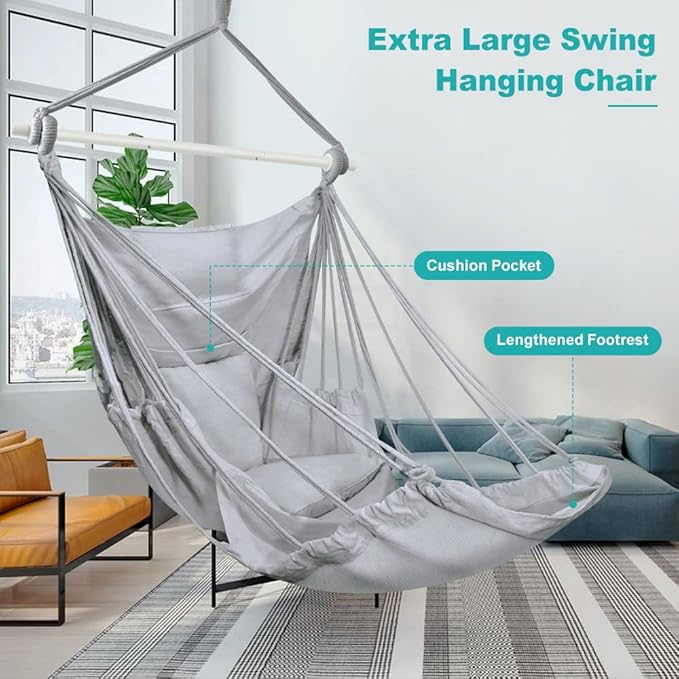 Outerman Hammock Chair, Hanging Chair with 3 Cushions and Foot Rest Support, Sturdy Metal Spreader Bar Max 440 Lbs, Swing Chair for Bedroom, Indoor & Outdoor, Patio, Porch or Tree（Gray）