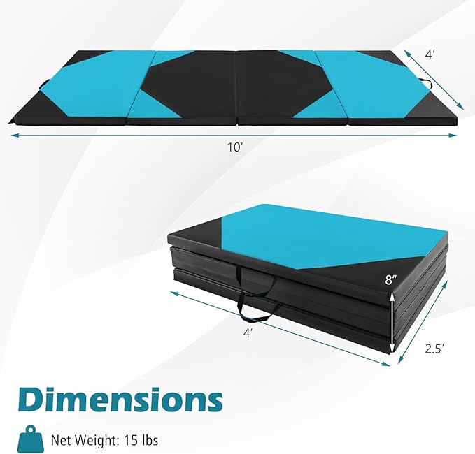 Giantex 4'x10'x 2" Gymnastics Mat, 4-Panel Folding Aerobics Exercise Mat w/Hook & Loop Fastener, Carrying Handle, Portable Tumbling Mat for Stretching Yoga Cheerleading Martial Arts