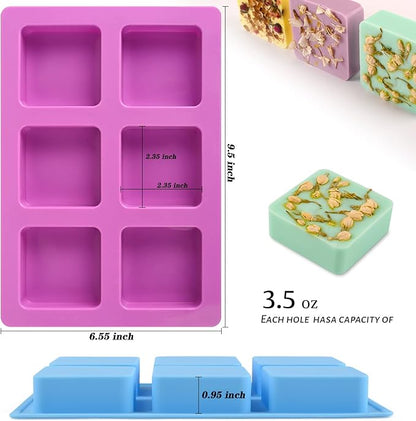 Sakolla 2 Pack Silicone Soap Molds for Soap Making, Reusable 6 Cavity Square Silicone Molds for Homemade Soap, Cake, Bread, Ice Cube