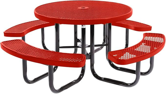 Coated Outdoor Furniture Heavy-Duty Portable Outdoor Picnic Table with Umbrella Hole, Expanded Metal Commercial-Grade Patio Dining Furniture Made in America (46" Round Top, Red)