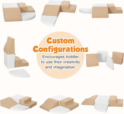 4-Piece Soft PU Leather Toddlers Climbing Toys, Baby Foam Climbing Blocks for Toddlers 3, Foam Play Gym Climbing Structures, Indoor Climb and Crawl Activity Play Set (White and Coffee)
