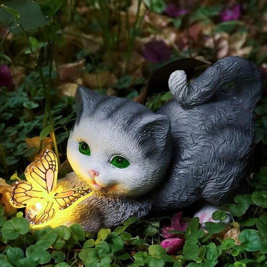 Solar Outdoor Garden Statues Decor-Cat Statue with Solar Butterfly Light for Patio Balcony Yard Lawn Ornament Thanksgiving for Mom Grandma Kids Friends, Cat B with Warm Light