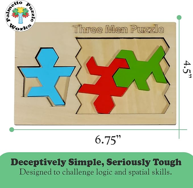 Palmetto Puzzle Works Three Men Puzzle – Wooden Puzzles for Teen' & Adults, Educational Games for Families & Unique Gift Ideas for Classroom Games, Shape and Pattern Brain Teaser Puzzles for Ages 14+
