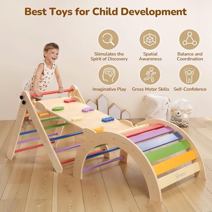 Pikler Triangle Set with Cushion, 8-in-1 Toddler Climbing Toys Indoor, Wooden Montessori Climbing Set with Arch Ramp,Ladder&Tent Cloth, Baby Indoor Climber Jungle Gyms for Toddlers Toy, Rainbow