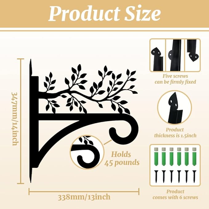 peacoblue Iron Plant Hangers Hooks for Outdoor Indoor Hanging Plants Flower Fern Pots Lantern Bird Feeder, 13"x14" Weather Resistant Metal Wall Holder for Porch Garden Farmhouse(Leaves with Branches)