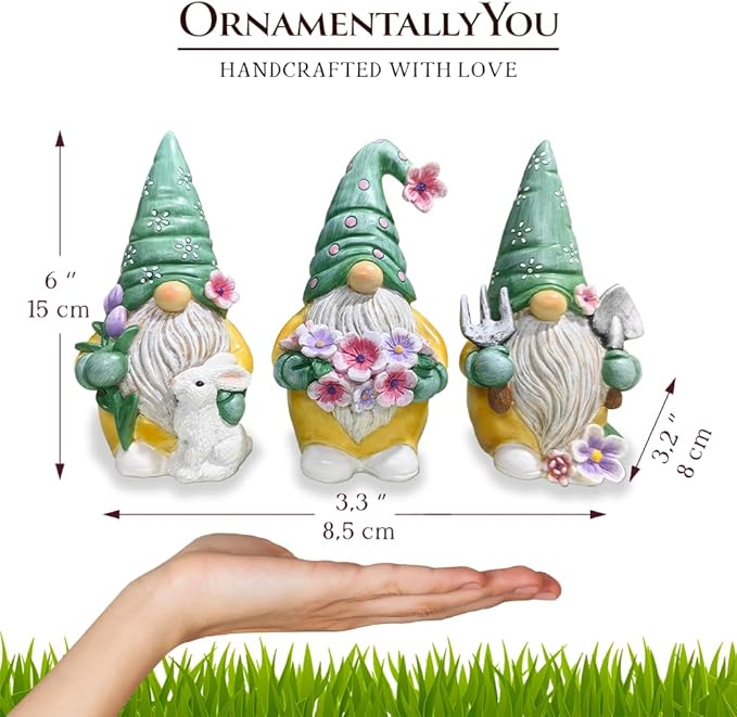 Garden Guardians Set of Three 6" Gardening Gnome Figurines, Floral Green and Yellow Statue Decor