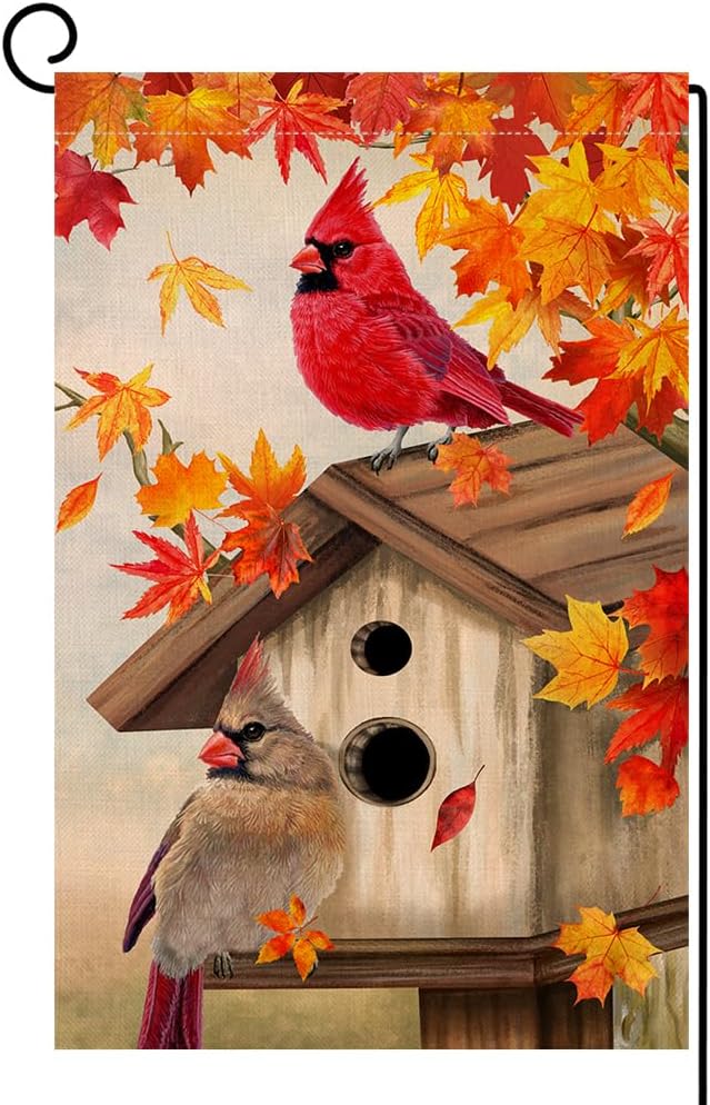 BLKWHT Fall Cardinal Bird Garden Flag 12x18 Vertical Double Sided Maple Leaves Welcome Autumn Thanksgiving Holiday Outside Decorations Burlap Yard Flag BW829