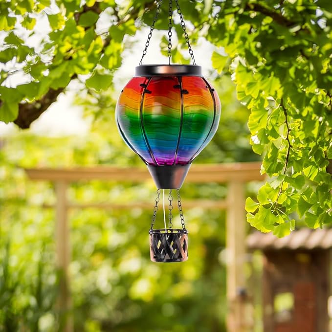 Starsoul Solar Hot Air Balloon Lantern with Flame Multi-Color Hot Air Balloon Lantern with Candle Holder Metal & Glass Hanging Garden Light Waterproof Outdoor Lantern Decor