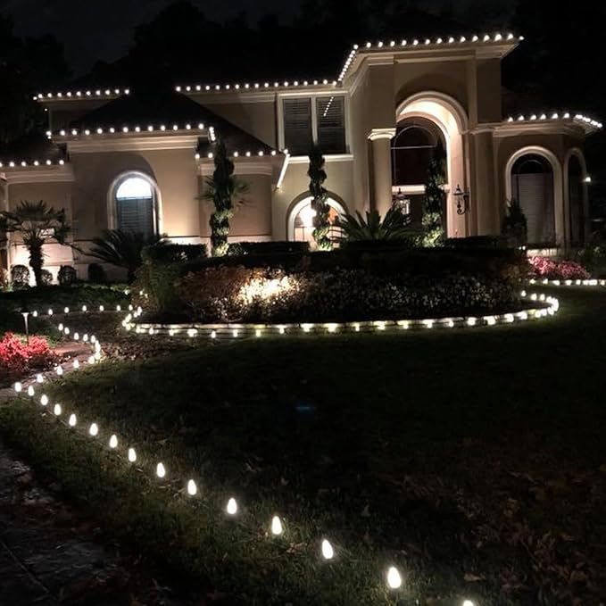 C9 Christmas Pathway Lights with Stakes,Cold White,30 Ft 20 Strawberry LED Bulbs,Connectable Shatterproof Outdoor Lights Marker for Xmas Yard Garden Path Lawn Walkway Sidewalk