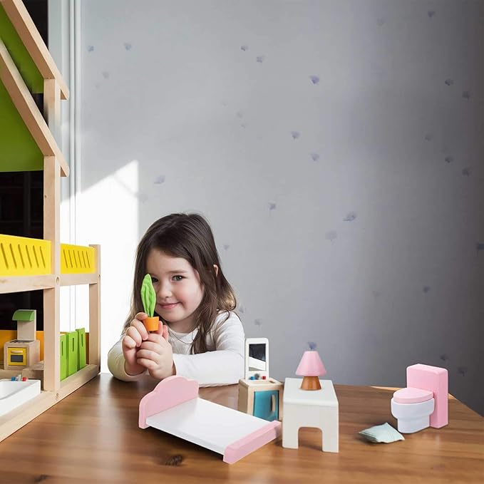 Sumind 30 Pcs Wooden Dollhouse Furniture Dollhouse Family Set of 8 Mini People Figures Dollhouse Accessories for Miniature Imaginative Play Toy