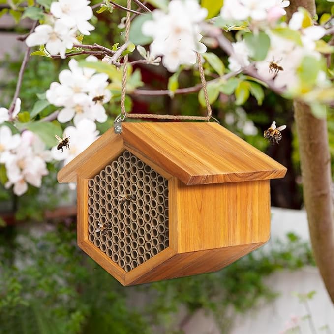 Mason Bee House Wax Coated Bee Hotel, Pollinator House Waterproof, Natural Handmade Wooden Mason Bee Hotel for Pollinating Bees Garden Supplies