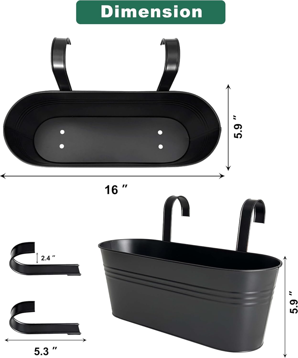vensovo 16 Inch Railing Planter for Outdoor Plants - 5 Pack Large Metal Balcony Hanging Planters with Detachable Hooks and Drain Holes Oval Box Rail Pots for Home Garden Fence, Black