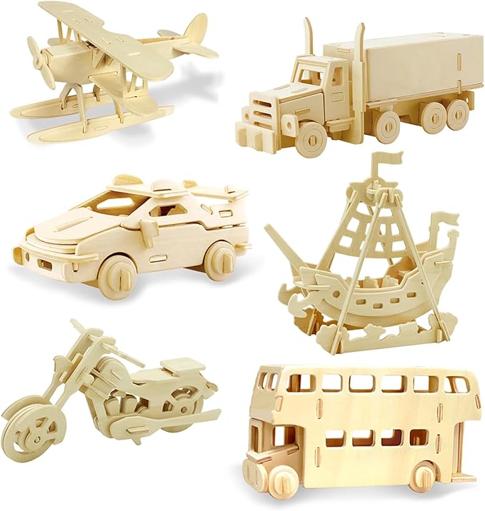 Georgie Porgy 3D Wooden Puzzles for Kids Toys Construction Woodcraft Kits DIY Model Puzzle Kits Birthday Gifts Pack of 6 (Airplane Bus Sports Car Pirate Ship Truck Motorcycle)
