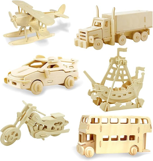 Georgie Porgy 3D Wooden Puzzles for Kids Toys Construction Woodcraft Kits DIY Model Puzzle Kits Birthday Gifts Pack of 6 (Airplane Bus Sports Car Pirate Ship Truck Motorcycle)