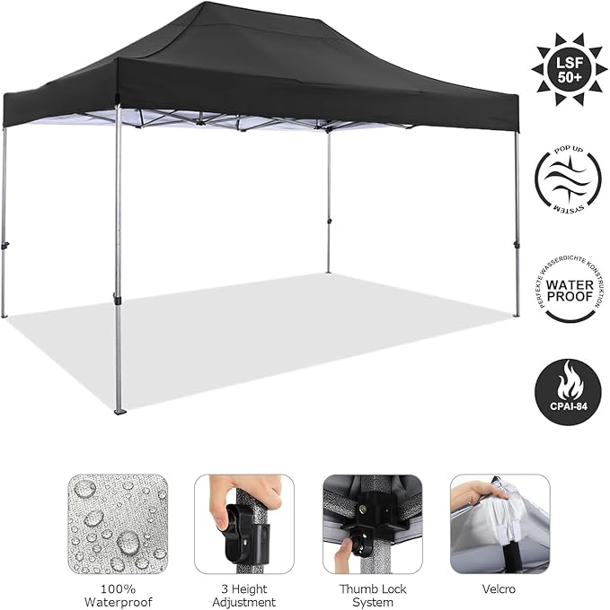 COBIZI 10x15 FT Pop up Canopy Tent,Heavy Duty Easy Up Commercial Outdoor Party Canopy Tents for Wedding Parties All Season Wind & Waterproof Gazebo with Carry Bag,Black(Frame Thickened)