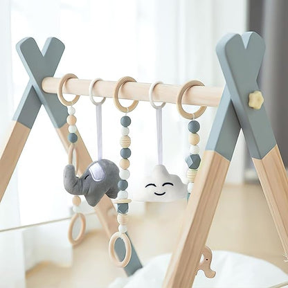 Wooden Baby Play Gym Foldable Gym Frame Activity Gym Hanging Bar with 5 Toys Natural for Newborn Baby (Foldable Grey)
