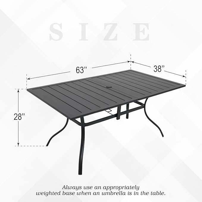 Outdoor Patio Table for 6 Person, Patio Dining Rectangle Table with 1.57" Umbrella Hole for Garden Lawn Backyard Parties, Black Metal Frame 63" L x 38" W x 28" H