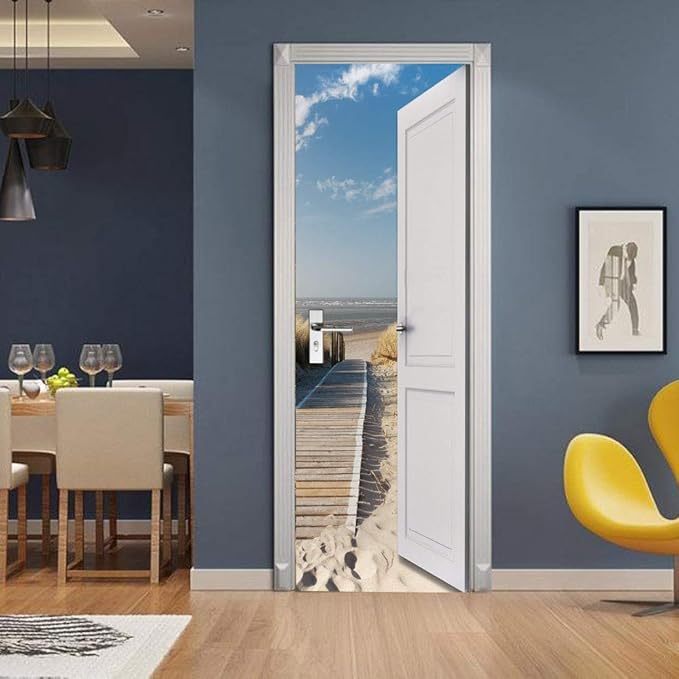 3D Door Stickers Murals Peel and Stick - Outer Beach Road - Door Wallpaper Self-Adhesive Door Decals Removable PVC Waterproof Door Poster for Bedroom Living Room Door Decoration 35.4 x 78.7 inch