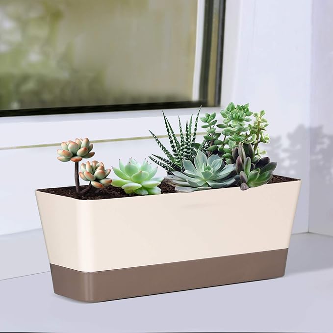 GROWNEER 3 Packs 12 Inches Window Boxes Rectangle Planter Long Pots with 15 Pcs Plant Labels Plastic Flower Plant with Saucer for Windowsill Garden Balcony Home Indoor Outdoor (Beige)