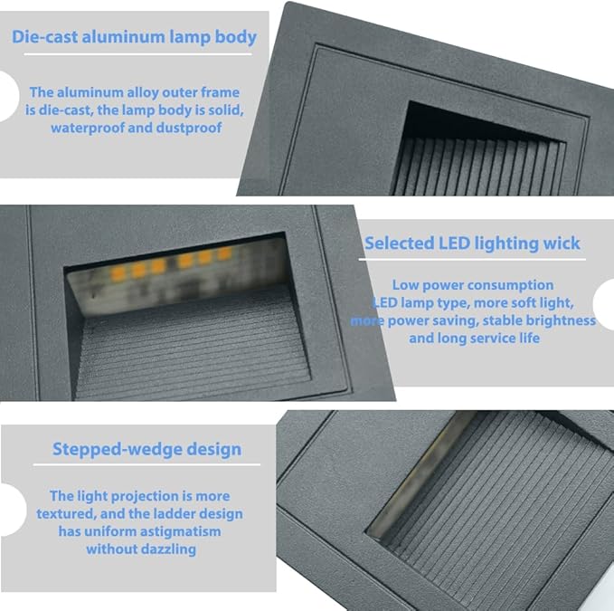 4pcs/3W Wall Recessed Stair Lights LED,Warm White,Indoor Step Light,Square Recessed Wall Light,Grey Cover Staircase Light IP20 for Indoor Stairs, Home, Kitchen, Attic, Aisle