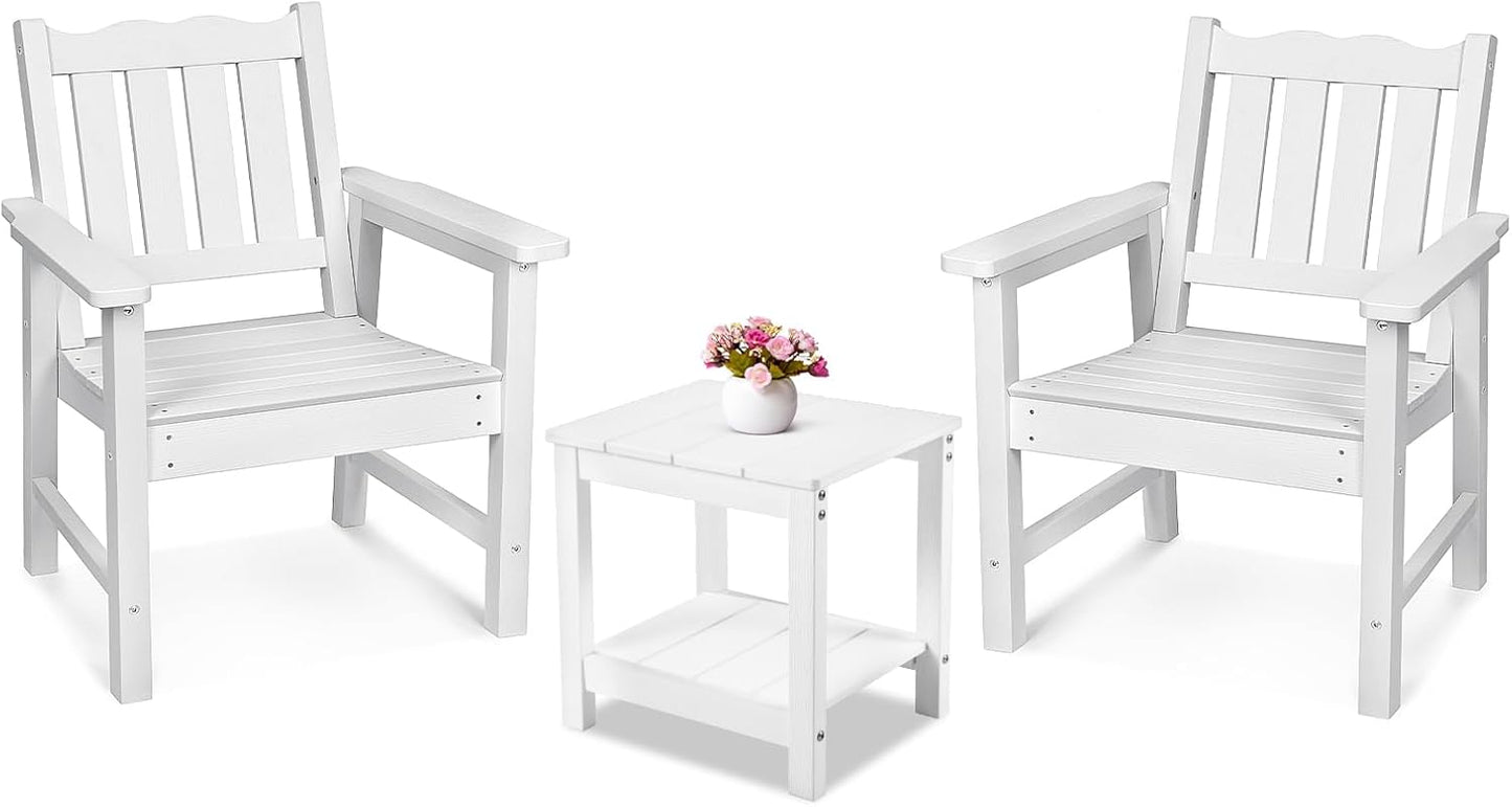 Stoog 3 Piece Patio Dining Sets, All-Weather Patio Chairs with Curved Backrest, Include 2 Garden Chairs and 1 Side Table, White