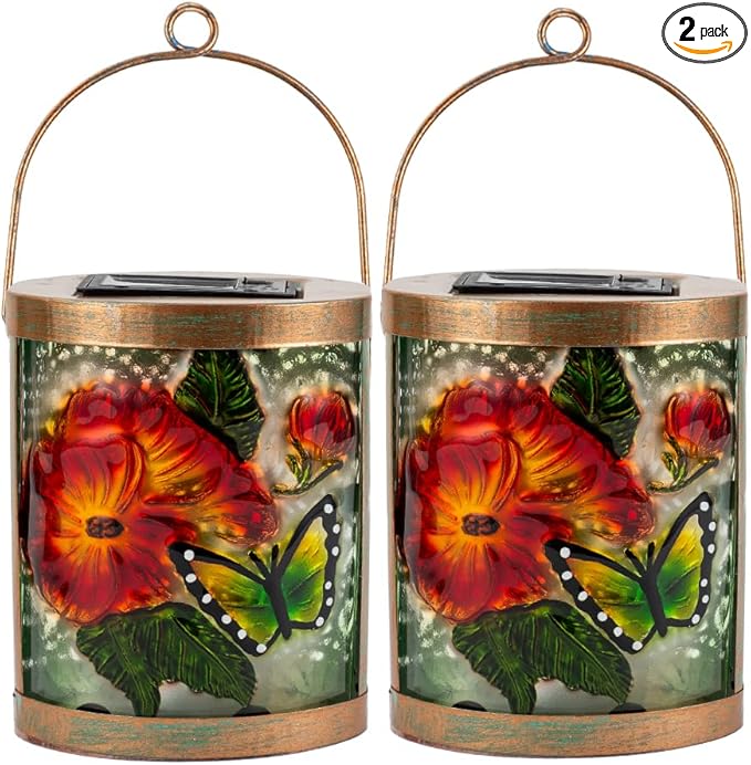 Starsoul 2 Pack Hanging Solar Lantern Outdoor Waterproof Glass Butterfly and Flowers Decorative Solar Lights for Outside Garden Yard Table Patio Decor