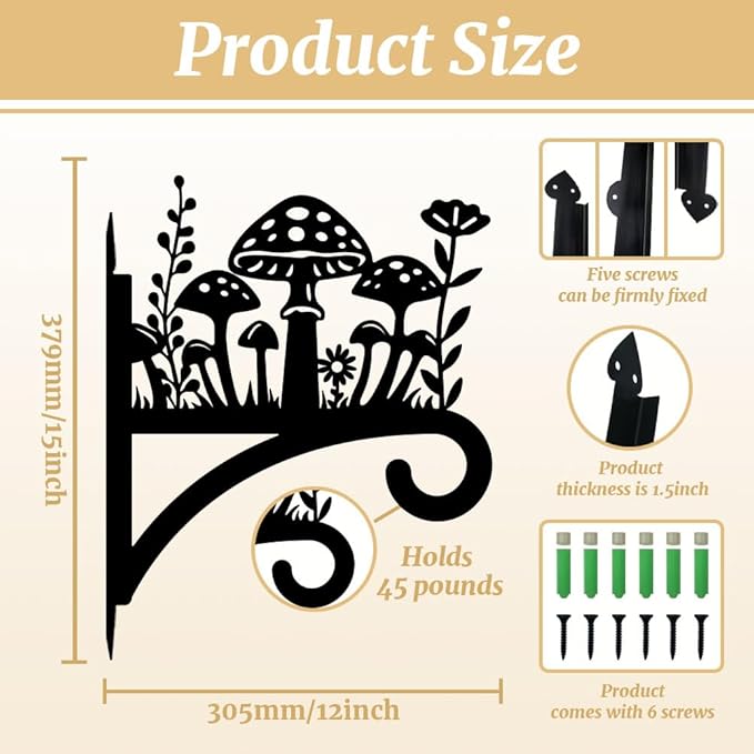 peacoblue Iron Plant Hangers Hook for Outdoor Indoor Hanging Plant Flower Fern Pot Lantern Bird Feeder,12"x15" Weather Resistant Metal Wall Holder for Porch Garden Farmhouse(Mushroom and Wildflower)