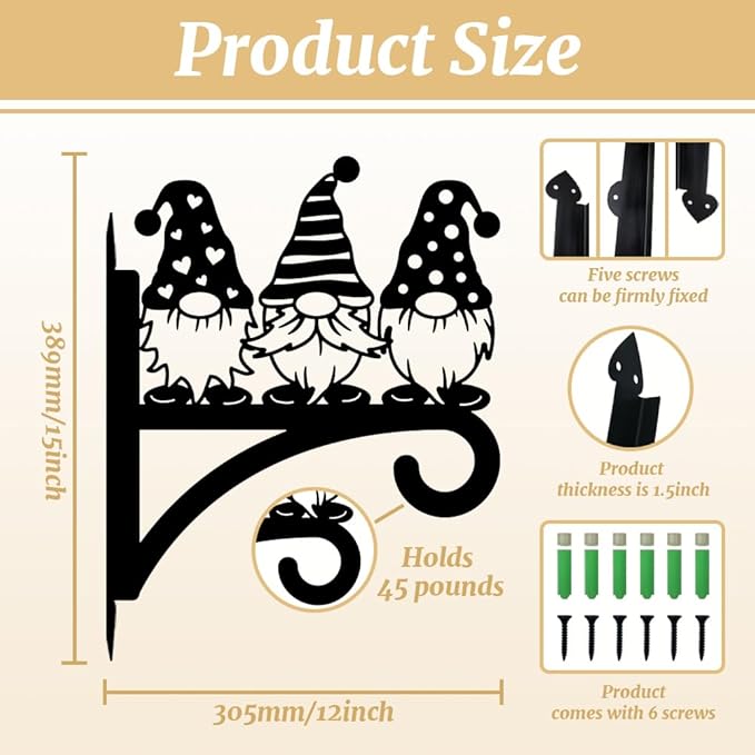 peacoblue Iron Plant Hangers Hooks for Outdoor Indoor Hanging Plants Flower Fern Pots, Lantern, Bird Feeder, 12”x14”Gnome Weather Resistant Metal Wall Brackets Holder for Porch, Garden, House(Gnome)