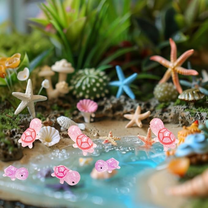 120PCS Glitter Mini Resin Turtles Sea Turtles Figurines Glow in The Dark, Cute Tiny Turtles Bulk for Cake Toppers Ocean Animal Theme Party Decor Garden Micro Landscape DIY (6 Colors)