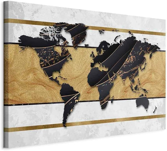 artgeist Canvas Wall Art Print World Map 24x16 in - 1pcs Home Decor Framed Stretched Picture Photo Painting Artwork Image - Map Continent Black White k-A-0515-b-a