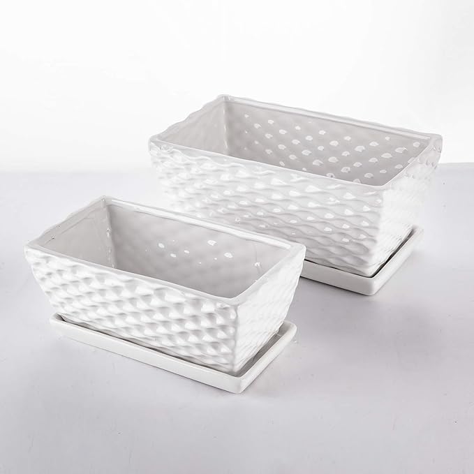 Brajttt Flower Pots,Rectangular Modern White Ceramic Succulent Pots with Drainage, Garden Pots with Hole, Ceramic Pots, Planter Box with Saucer 2 Set