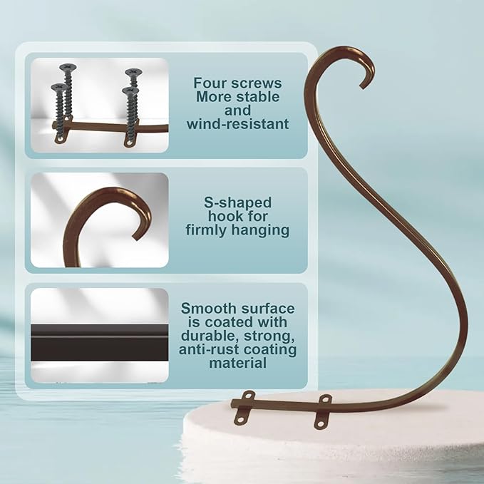 Plant Hangers Outdoor, 4 Pack 16 Inch Plant Hooks for Wall Metal Plants Hanging Bracket for Bird Feeder, Flower Baskets, Wind Chimes, Lanterns, Indoor Outdoor, Bronze