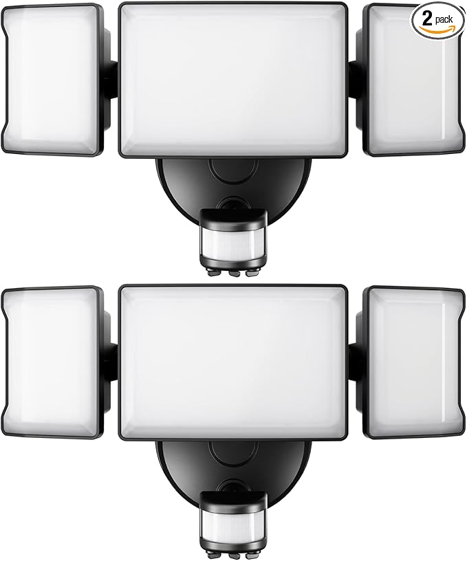Olafus 65W Motion Sensor Outdoor Light, 2 Pack LED Security Light 6000LM, 6500K Exterior Motion Flood Light with 3 Adjustable Heads, for Outside Garage, Yard, Patio, IP65 Waterproof, Black