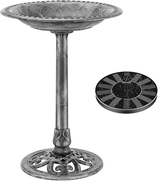 VIVOHOME Polyresin Antique Outdoor Gray Garden Bird Bath and Solar Powered Round Pond Fountain Combo Set