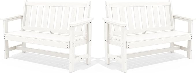 SERWALL Outdoor Bench, HDPE Outdoor Benches Weatherproof, 2-Person Garden Bench with 660 lbs Weight Capacity, Patio Benches for Outdoors, Garden, Porch, Backyard and Park, White, 2 Pack