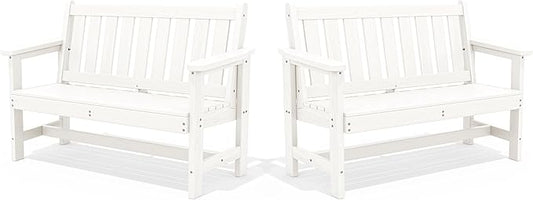 SERWALL Outdoor Bench, HDPE Outdoor Benches Weatherproof, 2-Person Garden Bench with 660 lbs Weight Capacity, Patio Benches for Outdoors, Garden, Porch, Backyard and Park, White, 2 Pack