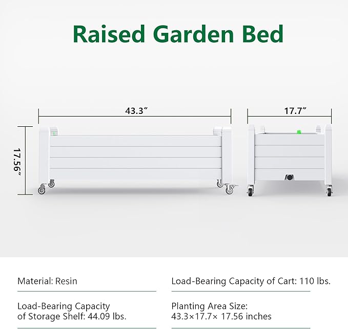 Horticulture Garden Bed, Divisible Resin Planter Box for Backyard, Patio, Balcony, with 4 Legs and 4 Swivel Lockable Wheels(Ashen,43.31 * 17.72 * 17.56)