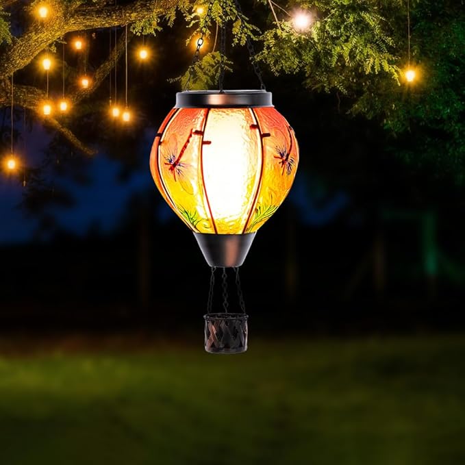 Starsoul Dragonfly Hot Air Balloon Solar Lantern Outdoor Glass Hanging Hot Air Balloon Lantern with Flame Light Waterproof for Patio Pathway Yard Porch Backyard Decor