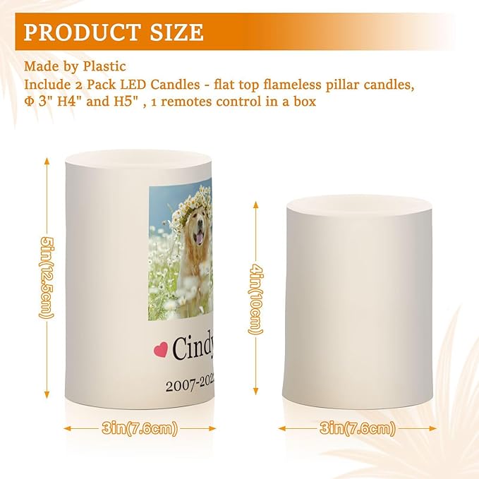 Vdsrup Flameless Candles Set of 2 Memorial Pet LED Candles with Timer Battery Operated Customize Candle Lights Flickering with Remote for Home Bedroom Decor