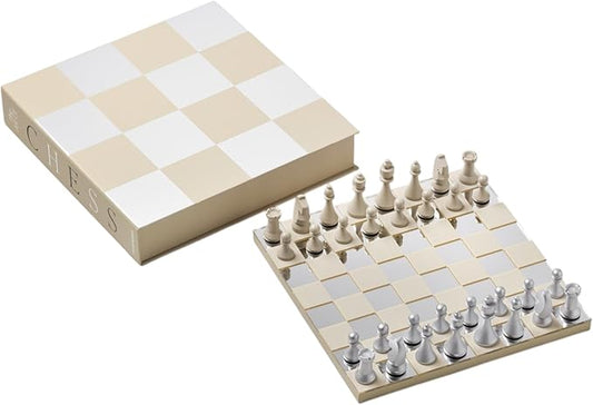 Printworks Classic – Art of Chess, Mirror – Beige & Silver Wooden Chess Set with Mirrored Acrylic Board – Stylish Coffee Table Game for Adults & Kids Ages 5+ – Multilingual Instructions Included