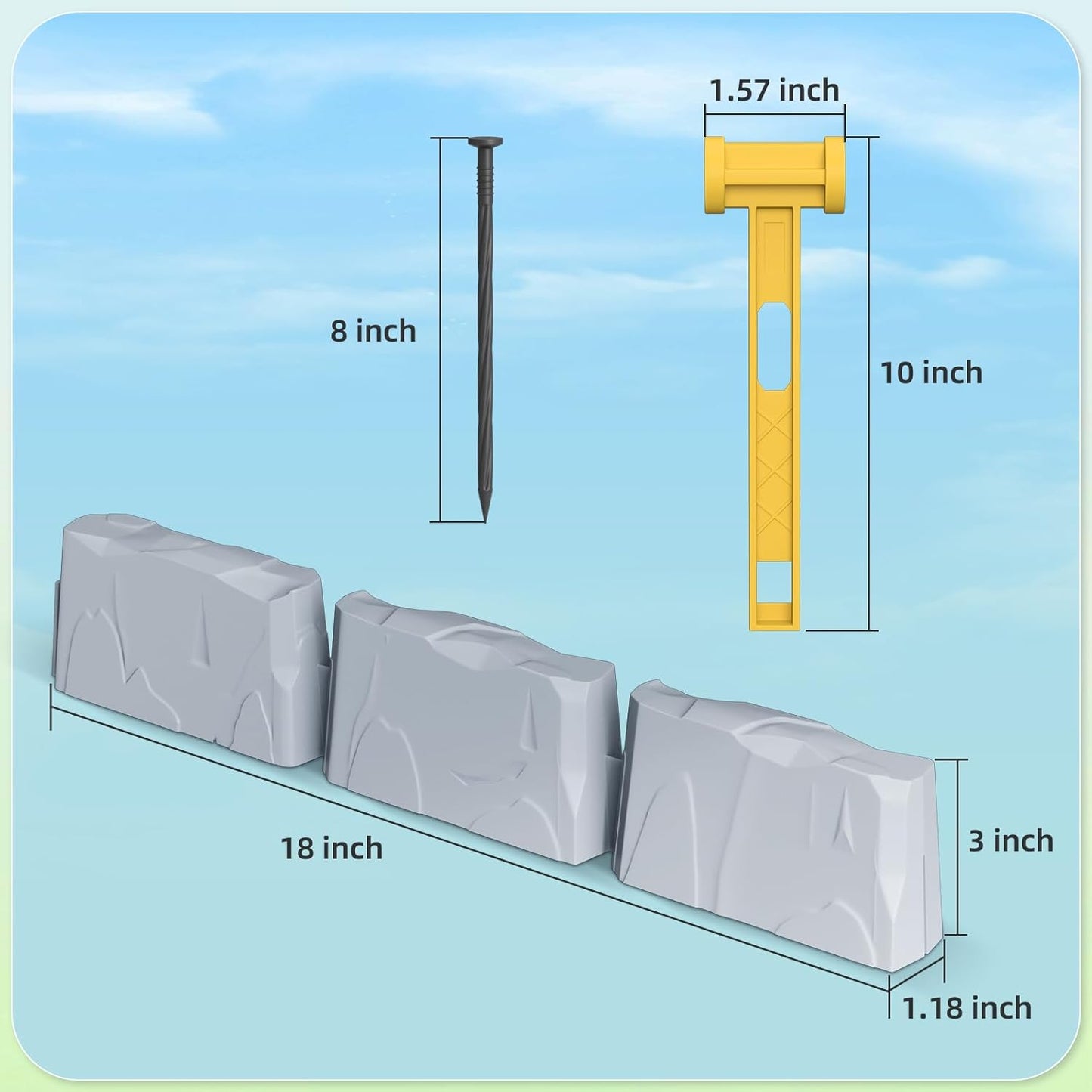 8Pcs Landscape Edging(12 FT) 24 Spikes - Faux Stone Edging Border for Garden, Flower Beds, Lawn & Pathways | 12" L x 3" H | Faux Stone Edging for Landscaping Outdoor (Grey)