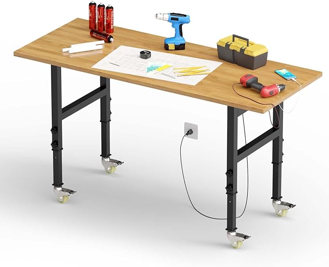 60"x24" Adjustable Workbench with Wheels, Solid Wood Top Work Bench, 2000 LBS Heavy-Duty Worktable with Power Outlets, Portable Work Station for Repair Shop, Workshop, Office