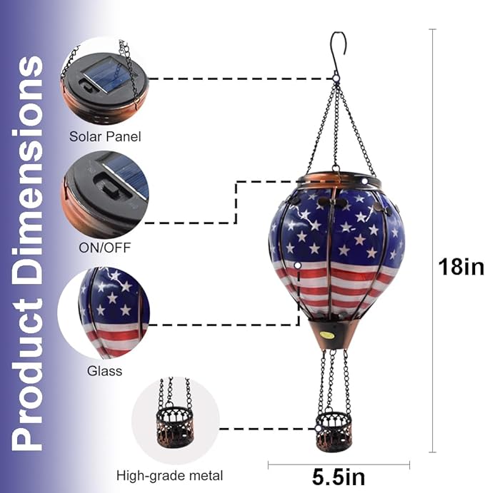 Hot Air Balloon Solar Lantern with Flickering Flame, Glass Hanging Garden Lights Outdoor Waterproof for Tree Yard Patio Mother's Day Gift, 18" H Flag