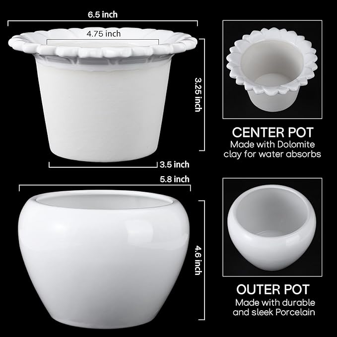 Self Watering Plant Pot African Violet Pots Ceramic 6.5 * 4.6 * 4 inch White for Indoor Flowers and Plants Simple Plant Self Watering Pot Modern Decor Pots Efficient Absorption Water