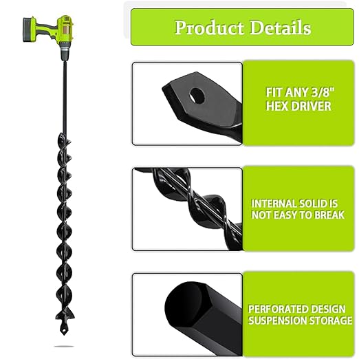 TCBWFY 24 Inch Auger Drill Bit for Planting - 1.2"x24" Long Handle Easy Planter Garden Auger - Bulb & Bedding Plant Augers - Post Hole Digger for 3/8”Hex Drive Drill