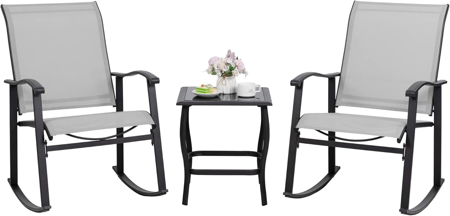 Shintenchi 3 Piece Rocking Bistro Set, Outdoor Furniture with Rocker Chairs and Glass Coffee Table Set of 3, Balcony, Porch Furniture for Small Space, Light Gray