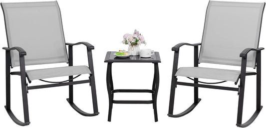 Shintenchi 3 Piece Rocking Bistro Set, Outdoor Furniture with Rocker Chairs and Glass Coffee Table Set of 3, Balcony, Porch Furniture for Small Space, Light Gray