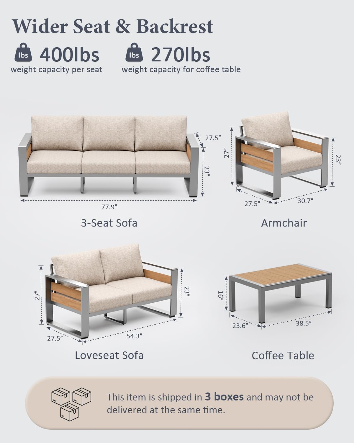 ZANDOR Outdoor Aluminum Patio Furniture - 1 Pcs 3-Seat, All-Weather Metal Modern Outside Sofa with Washable Thick Cushion for Garden/Backyard/Porch, Silver