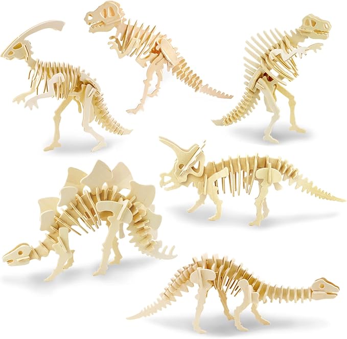 Georgie Porgy 3D Wooden Puzzles DIY Models Kits for Kids Dinosaur Airplane Woodcraft Construction Toys Pack of 6 (T-Rex Triceratops Spinosaurus Parasaurolophus Apatosaurus Stegosaurus)